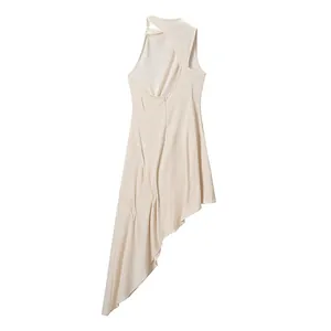 Back view of a chic beige asymmetric sleeveless knit dress with unique cutout design