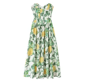 Summer pineapple print bustier maxi dress featuring a flattering sweetheart neckline design