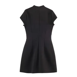 Back view of a sleek black high-neck mini dress with a fitted waist and back zipper detail.