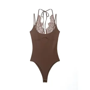 Detailed view of a brown halter neck bodysuit featuring elegant floral lace splicing