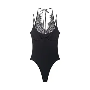 Detailed view of elegant black lace halter sleeveless bodysuit for women