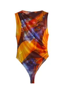 Abstract print mesh bodysuit with side ruched detailing on a clean white background.