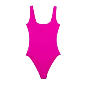 Detailed view of fuchsia pink U-neck sleeveless stretch knit bodysuit for women