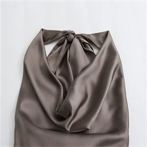 Detaillierte Ansicht eines eleganten Neckholder-Tops aus glänzendem Satin in Bronze.