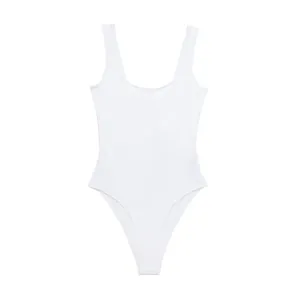Detailed view of a white U-neck sleeveless stretchy knit bodysuit on a white background