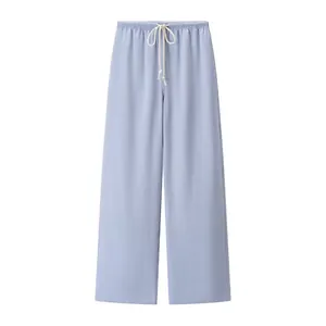 Front view of light purple wide-leg drawstring trousers with elastic waist and loose fit
