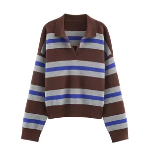 Striped polo collar knitted sweater with brown, grey and blue horizontal stripe pattern
