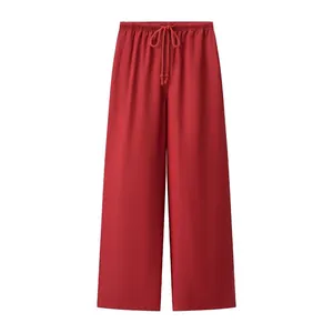 Vibrant red wide-leg casual pants with an adjustable elastic drawstring waist