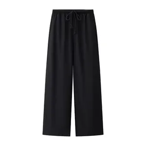 High-quality black wide-leg casual trousers with elastic drawstring waistband detail