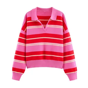Cozy pink and red horizontal striped polo collar knit sweater with loose v-neck pullover style