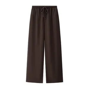 Front view of dark brown wide-leg leisure pants with drawstring elastic waist