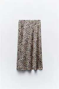 Elegant leopard print satin midi skirt with a smooth silky finish for stylish women