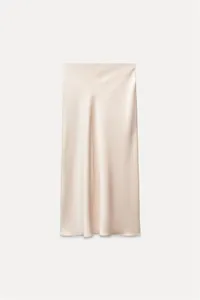 Elegant champagne satin midi skirt featuring high waist design and luxury silk-like drape texture