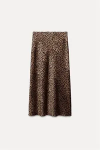 Elegant leopard print satin midi skirt for women featuring a smooth silky texture