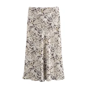 Elegant leopard print satin midi skirt with high-waisted A-line flowy silhouette