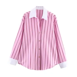 Women Striped Shirt Contrast Collar And Cuffs Loose Casual Long Sleeve Polyester Printed Blouse Top For Daily Wear
