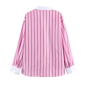 Back view of a loose pink striped shirt featuring a white contrast collar and cuffs.