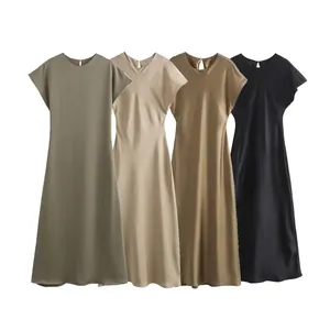 Vestido Midi Elegante con Textura de Satén para Mujer Sin Mangas Cuello Redondo Color Sólido Streetwear Casual Largo