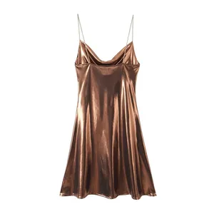 Full front view of elegant metallic bronze mini slip dress with thin spaghetti straps.