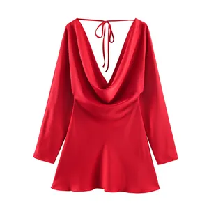 Front view of a sexy red satin long sleeve mini dress with cowl neck and open back