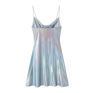 Metallic holographic slip dress with cowl neck and thin straps in silver blue finish