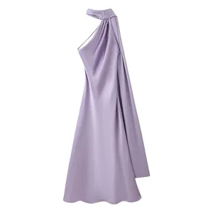 Elegant lavender satin halter neck dress with a flowing scarf detail for parties