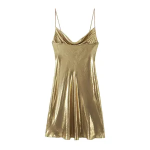 Elegant metallic gold slip dress with a cowl neck design and thin spaghetti straps