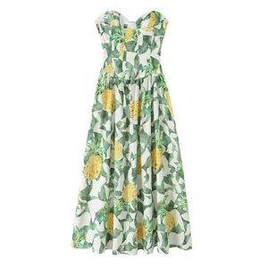 Summer pineapple print bustier maxi dress with strapless sweetheart neckline and wide hem