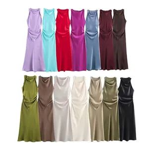 Dames Mouwloze Ronde Hals Satijnen Midi Jurk Elegante Geplooide Effen Kleur Polyester A-Lijn Jurk Voor Feest Banket