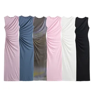 Sleeveless ruched mesh midi dress in six stylish colors for various summer occasions