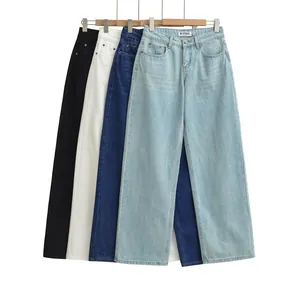 Variety of retro low-waist wide-leg jeans in black, white, and blue denim colors