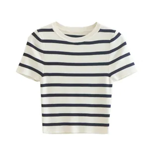 Camiseta Corta de Rayas para Mujer Estilo Europeo Cuello Redondo Manga Corta Top de Punto Pulóver Ajustado Diario