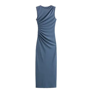 Sleeveless slate blue midi dress featuring elegant side ruching and a slim fit silhouette