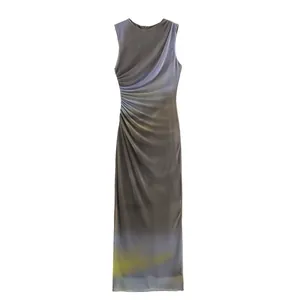 Elegant sleeveless ruched mesh midi dress with a unique gradient print and side pleats.