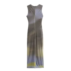 Back view of a sleeveless mesh midi dress with gradient print and side ruching details