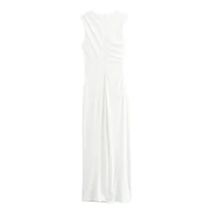 Detailed back view of an elegant white ruched sleeveless midi dress with center seam zipper