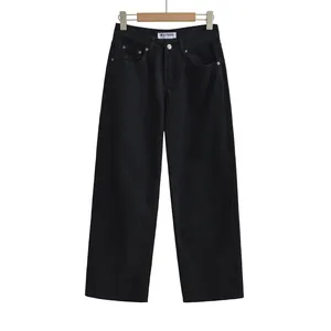 Classic black wide-leg denim jeans for women hanging neatly against a pure white background