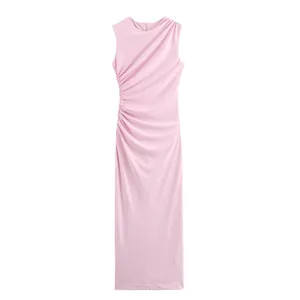 Elegant pink sleeveless midi dress with delicate side ruching and slim fit mesh design