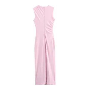 Back view of pink sleeveless ruched midi dress showing elegant slim fit design