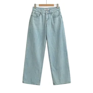 Front view of light-washed wide-leg denim jeans with a vintage high-street aesthetic