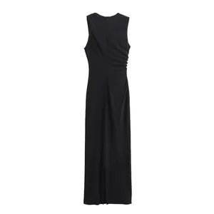 Back view of an elegant black sleeveless slim-fit midi dress with side pleats.