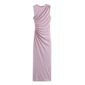 Detailed view of lavender sleeveless ruched mesh midi dress with elegant side draping