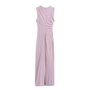 Rear view detail of an elegant lavender ruched sleeveless slim fit midi dress for women