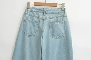 High street light blue denim wide leg jeans with retro back pocket details view