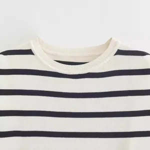 Camiseta corta de rayas para mujer con cuello redondo y manga corta, estilo de punto