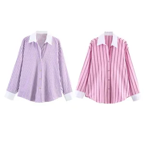 Women Striped Long Sleeve Shirt Polyester Casual Loose Fit Lapel Contrast Collar Printed Blouse Top For Daily Wear