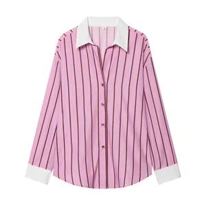 Full front view of a pink and red striped women's shirt with white contrast collar and cuffs