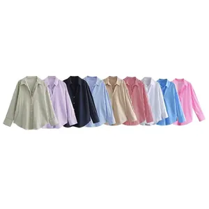 Women's European Style Satin Texture Printed Top Striped Long Sleeve Shirt Lapel Single Breasted Casual Autumn Fashion