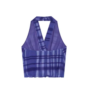 Back view of a fashionable purple patterned halter neck chiffon top for women's summer wear