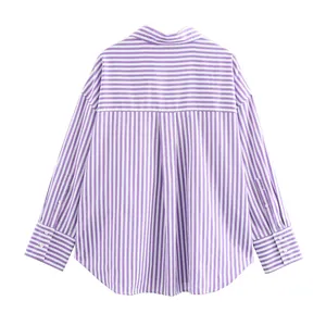 Detailed back view of a women's elegant purple and white vertical striped satin shirt